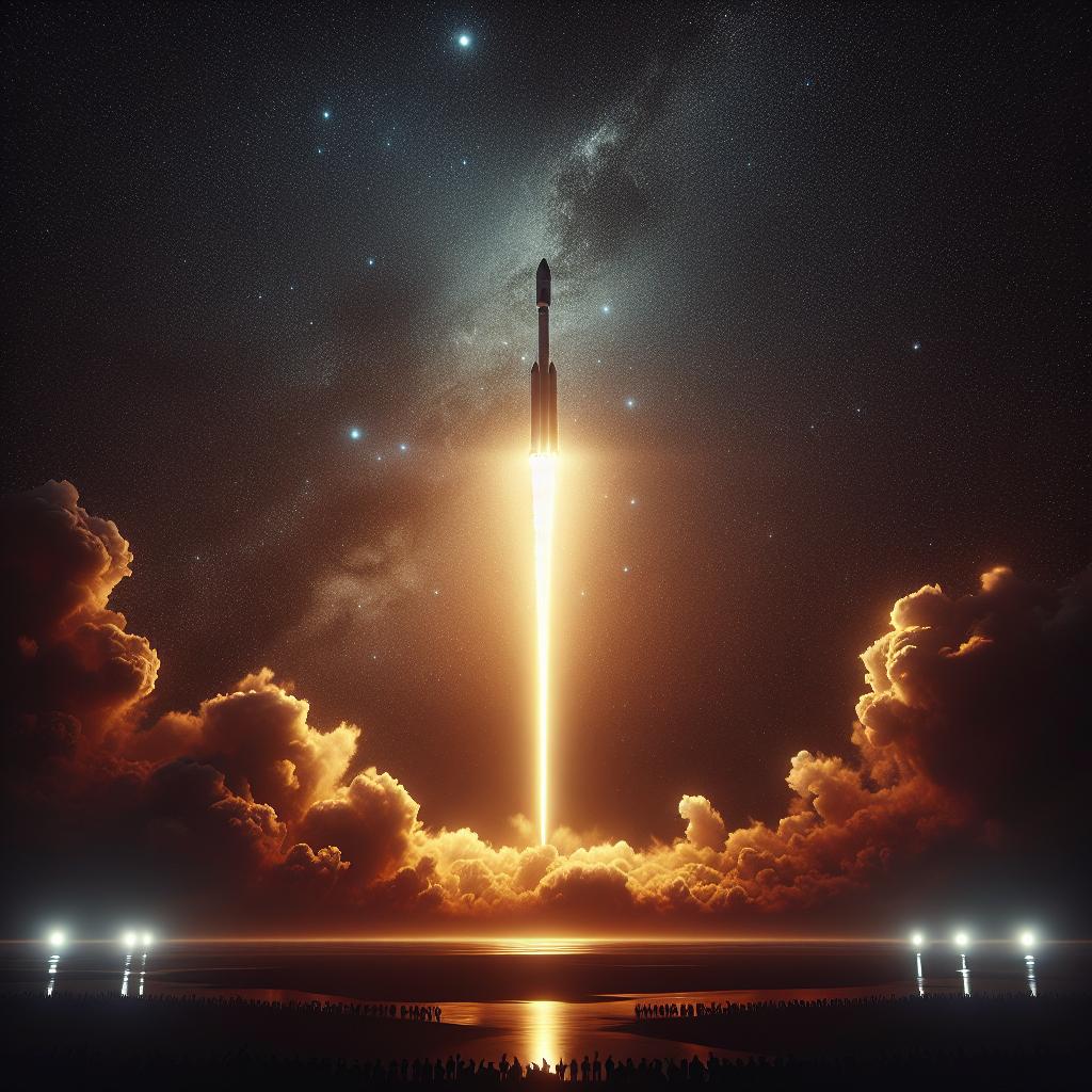 SpaceX rocket launch, night sky