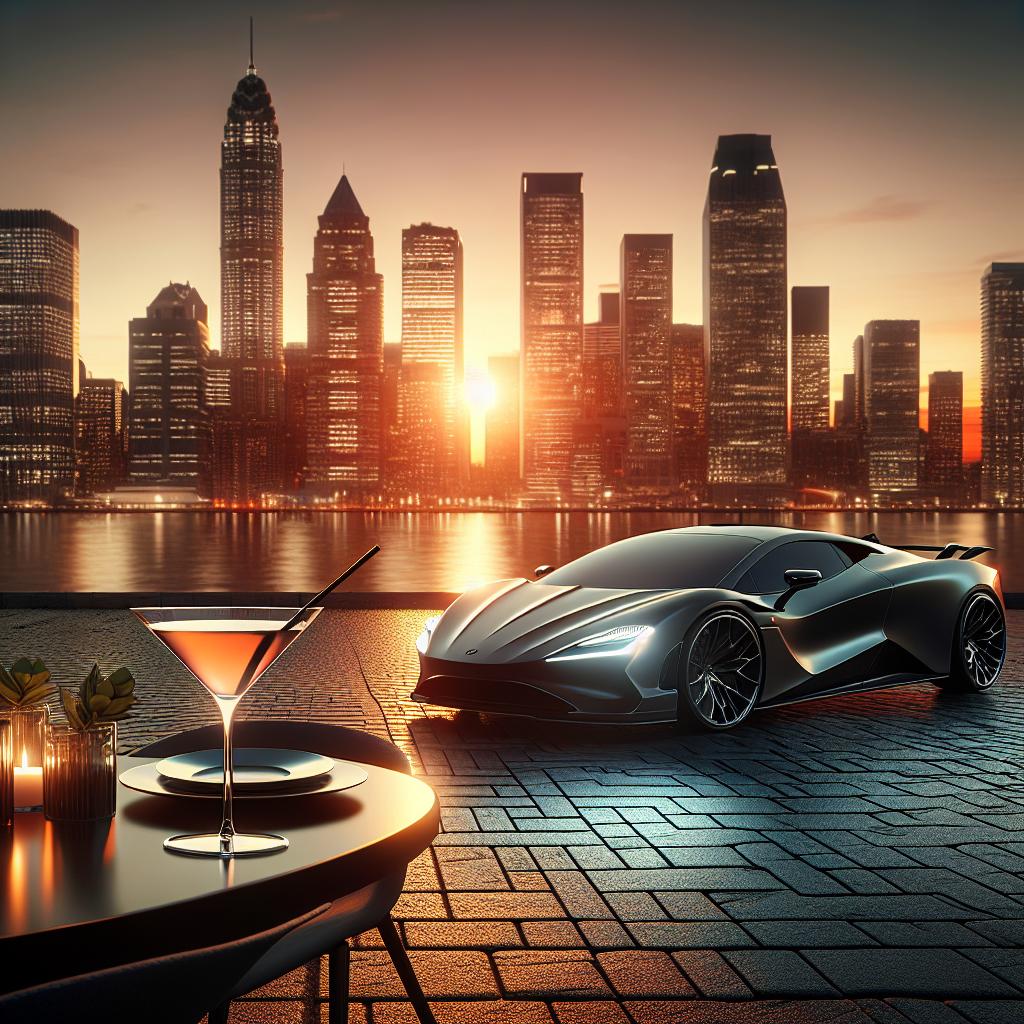 City skyline with car.