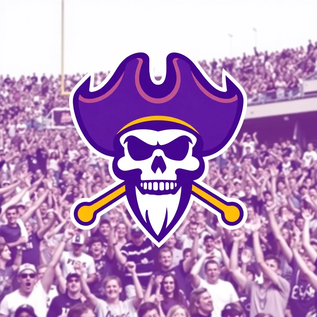 Vibrant ECU Pirates logo with cheering crowd background.