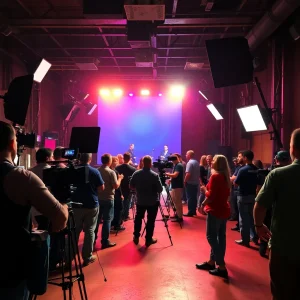 Film set with bustling crew and colorful lighting setup.
