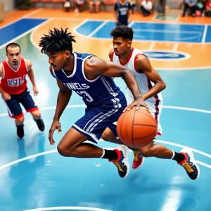 Dynamic basketball action on a vibrant court.