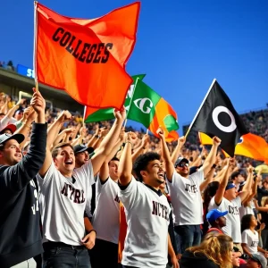 Dynamic college sports scene with cheering fans and victory flags.