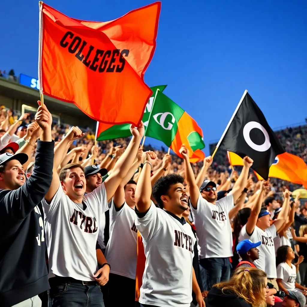 Dynamic college sports scene with cheering fans and victory flags.