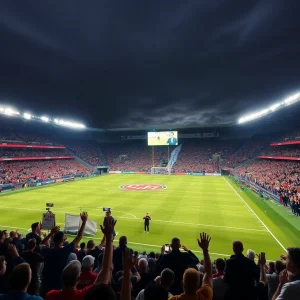 Football field with cheering crowd and team spirit.