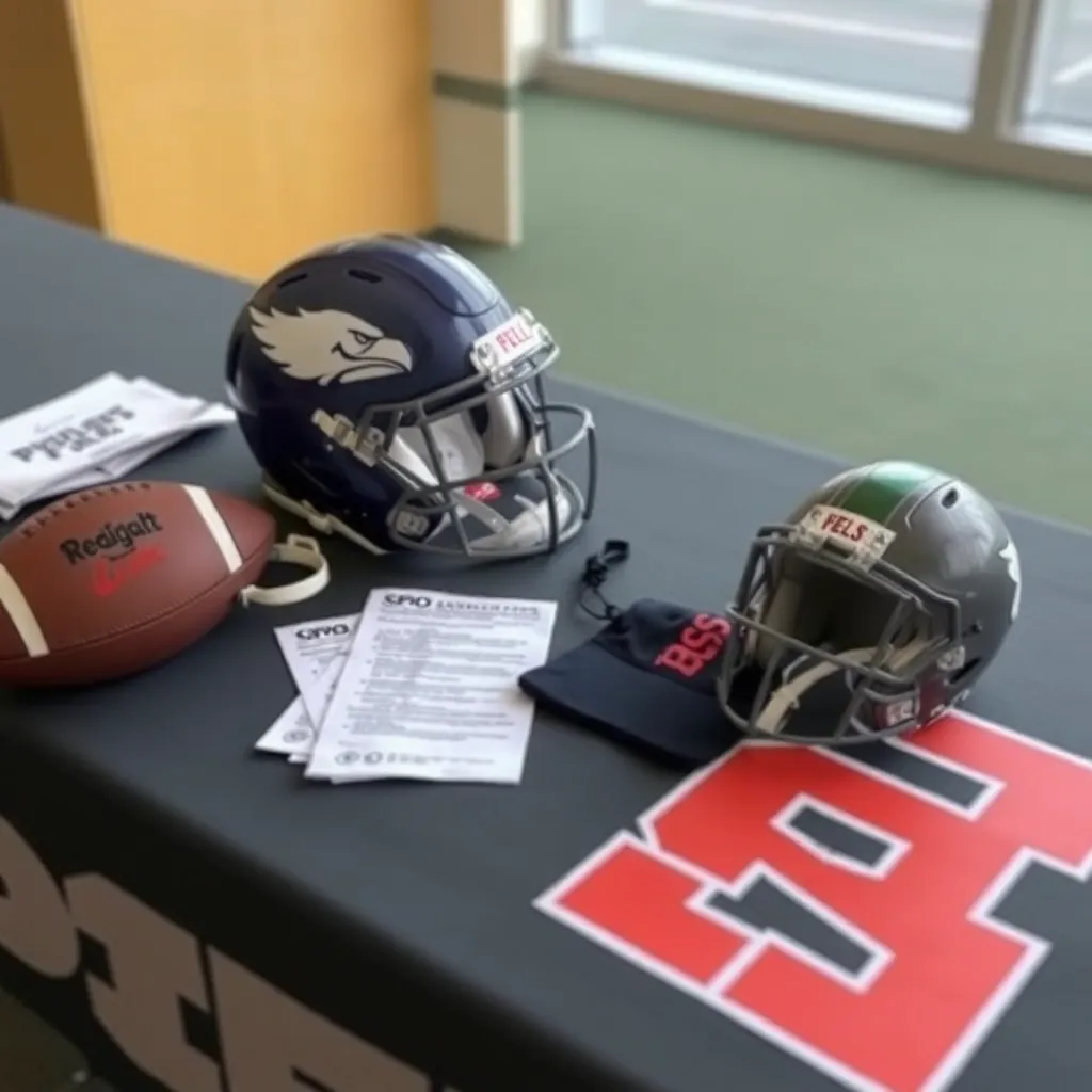 Football gear and recruiting papers on a team table.