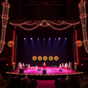 Holiday concert stage decorated with lights and wreaths.