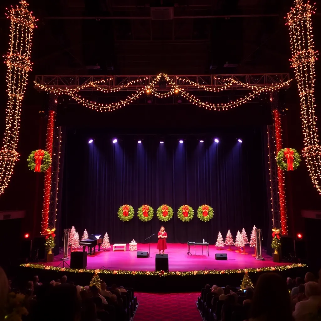 Holiday concert stage decorated with lights and wreaths.