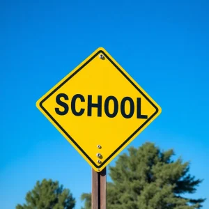 Humorous construction sign misspelling "school" in bright colors.