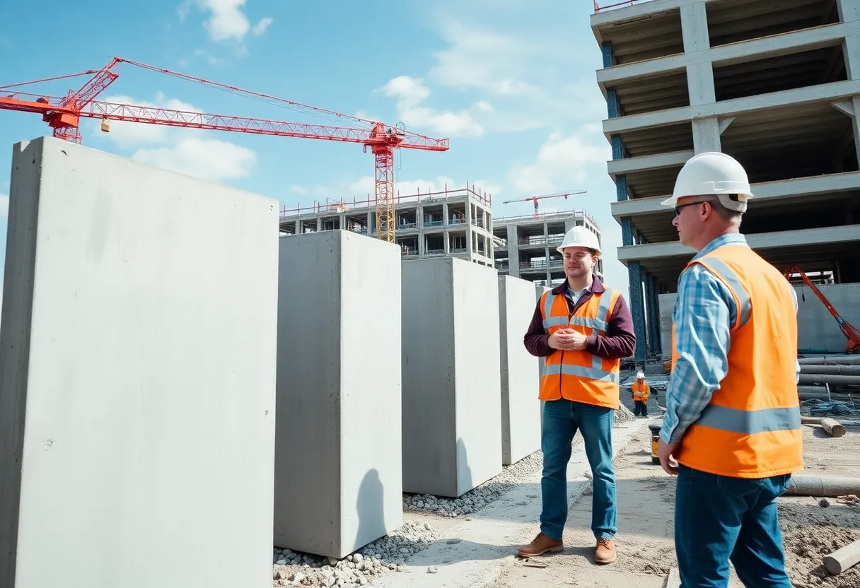Engineers discussing DTC Pro precast concrete panels at a construction site