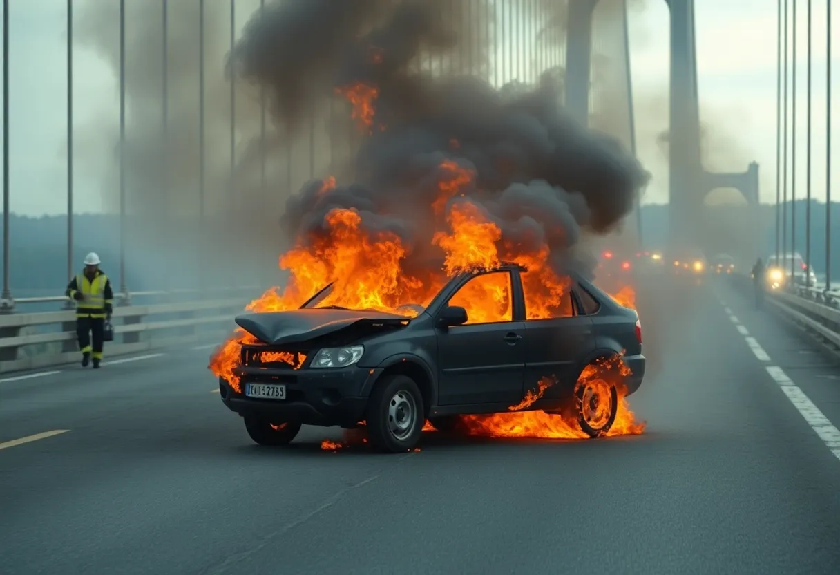 A scene of a car crash on Virginia Dare Memorial Bridge with flames and smoke.