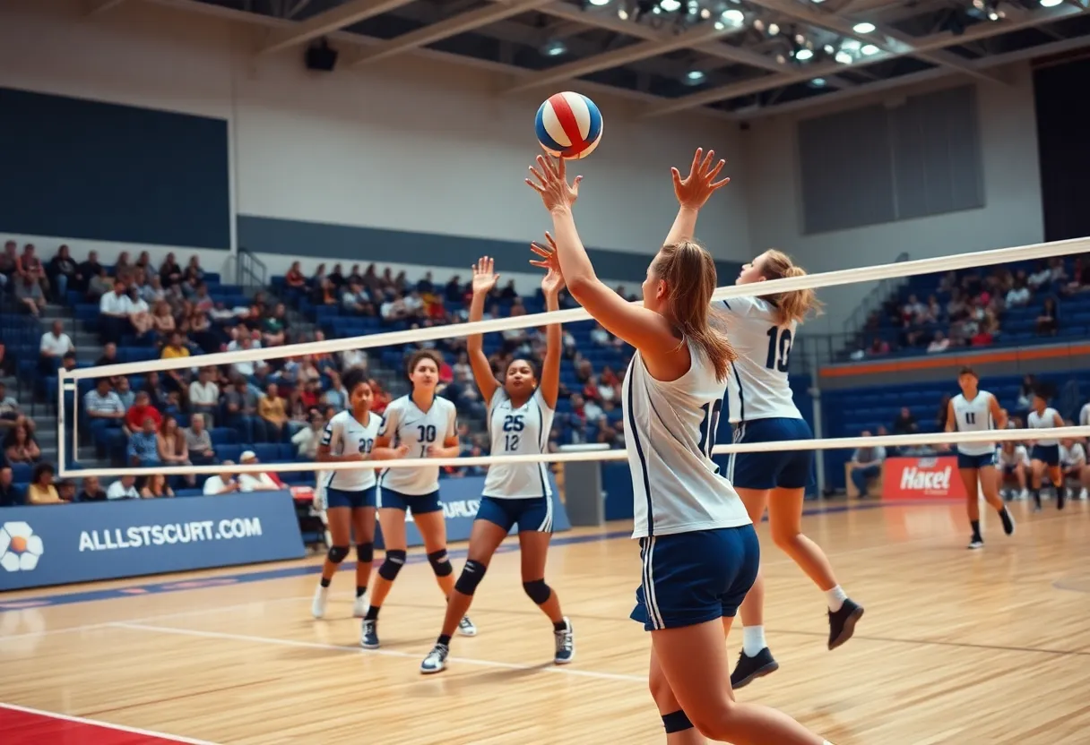 Ichabod Crane volleyball team in action during game.