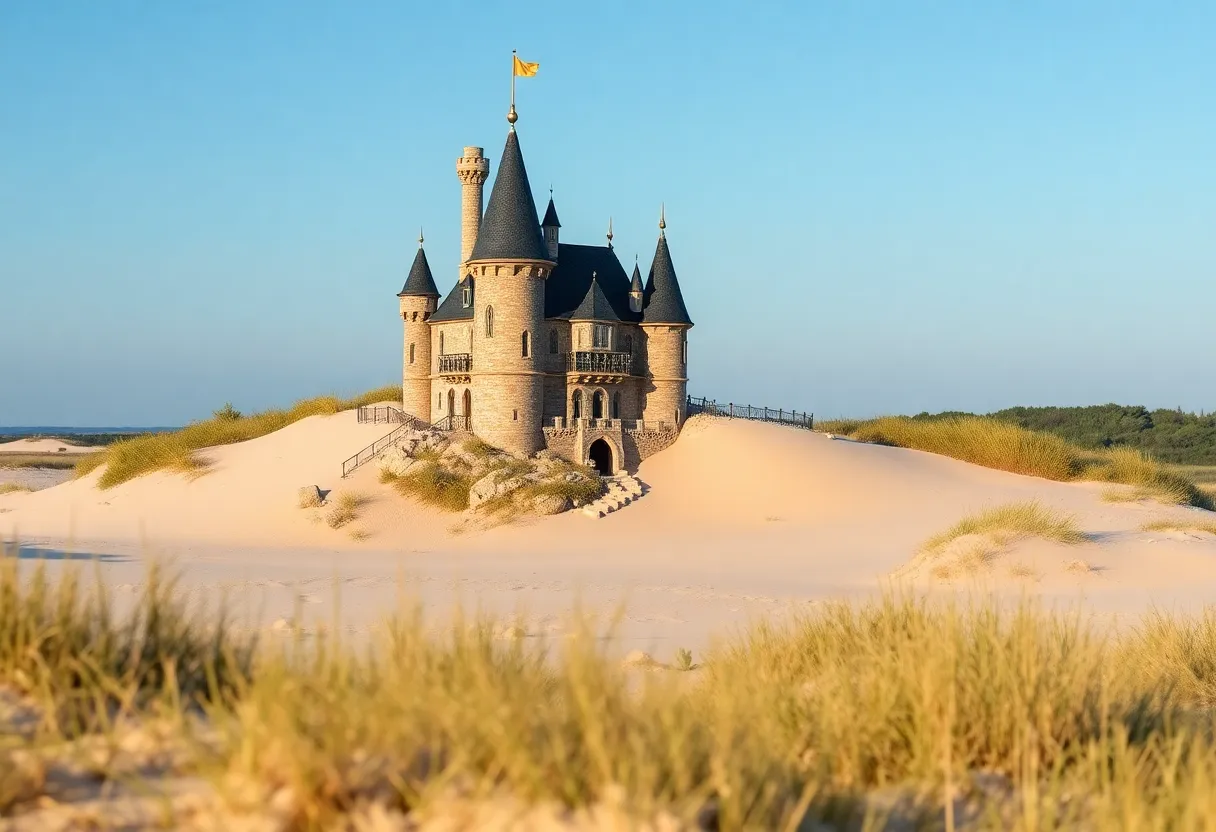 A quaint miniature castle emerging from the sands at Jockey's Ridge State Park in the Outer Banks.