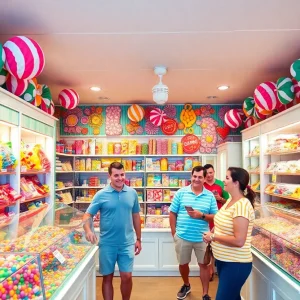 Colorful candy displays in a new candy shop opening in Outer Banks