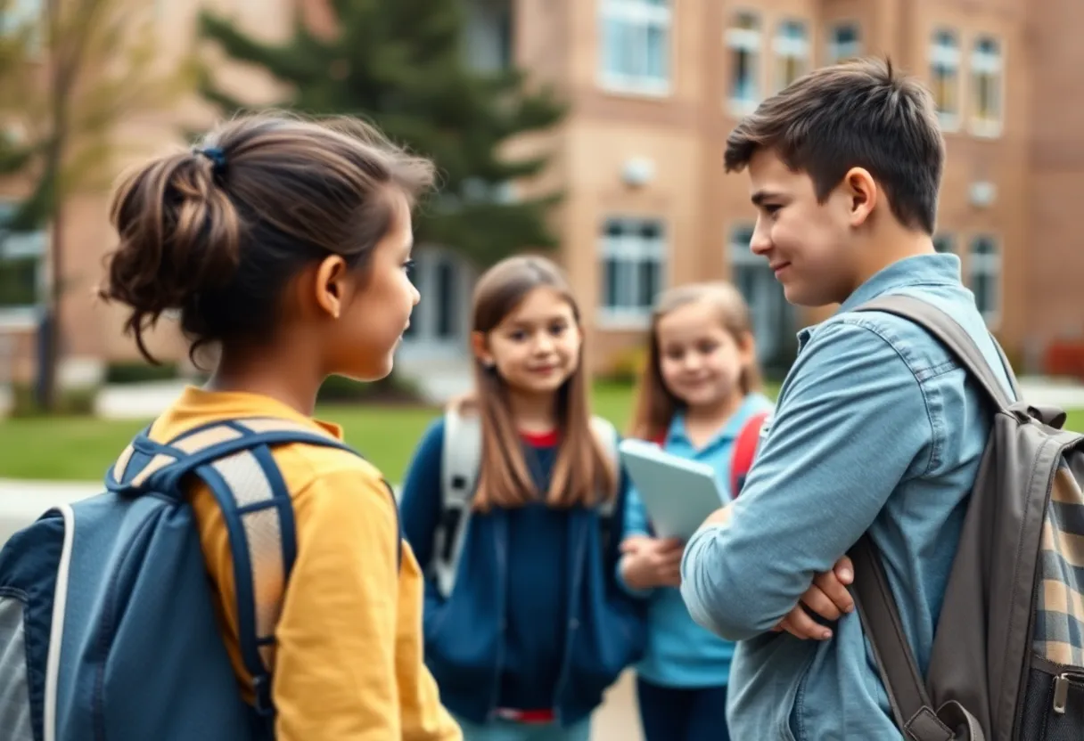Students discussing school safety rules in front of a school building.