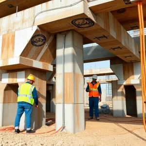 Construction workers inspecting joints in double-tee structures