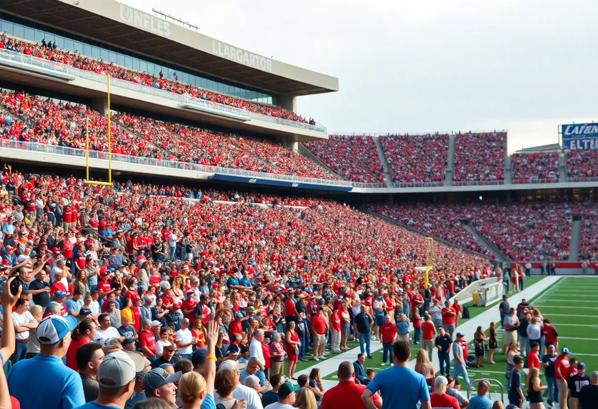 Fans cheering at a college football game in a stadium