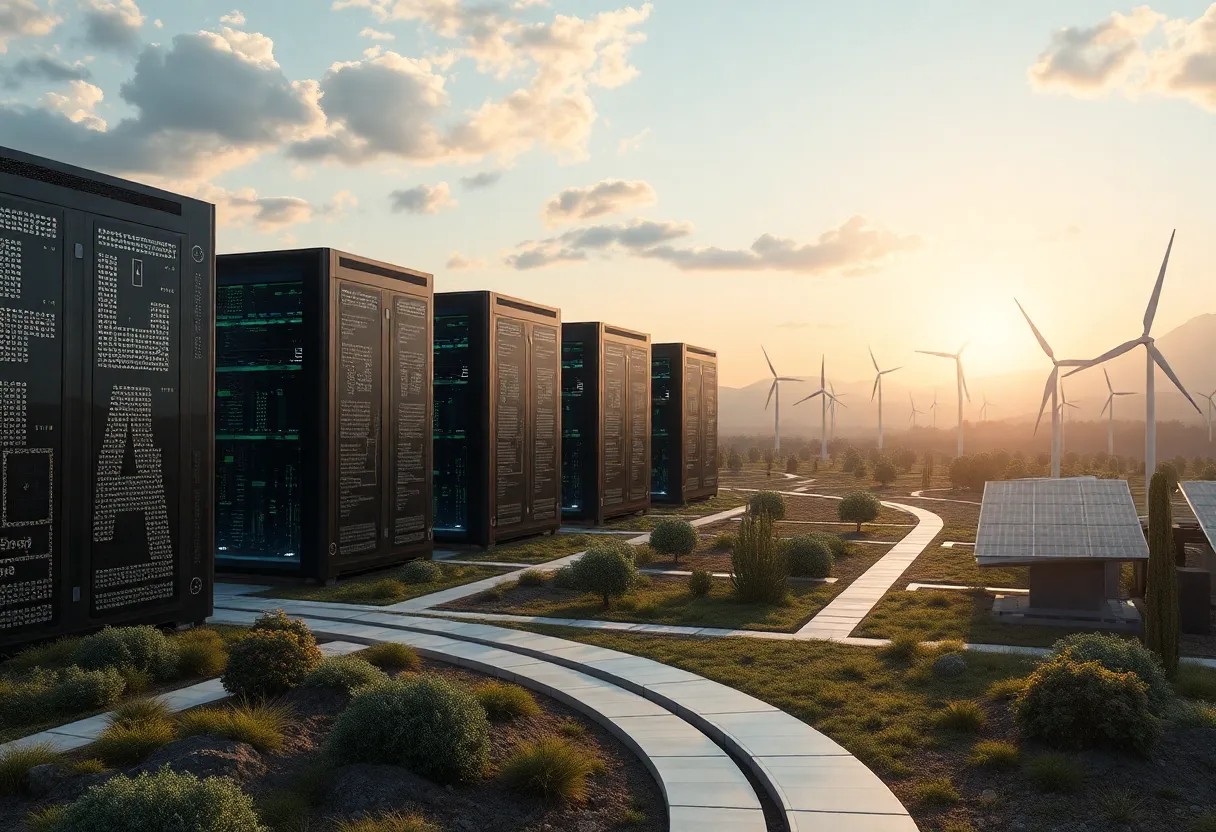 Futuristic AI data center powered by renewable energy