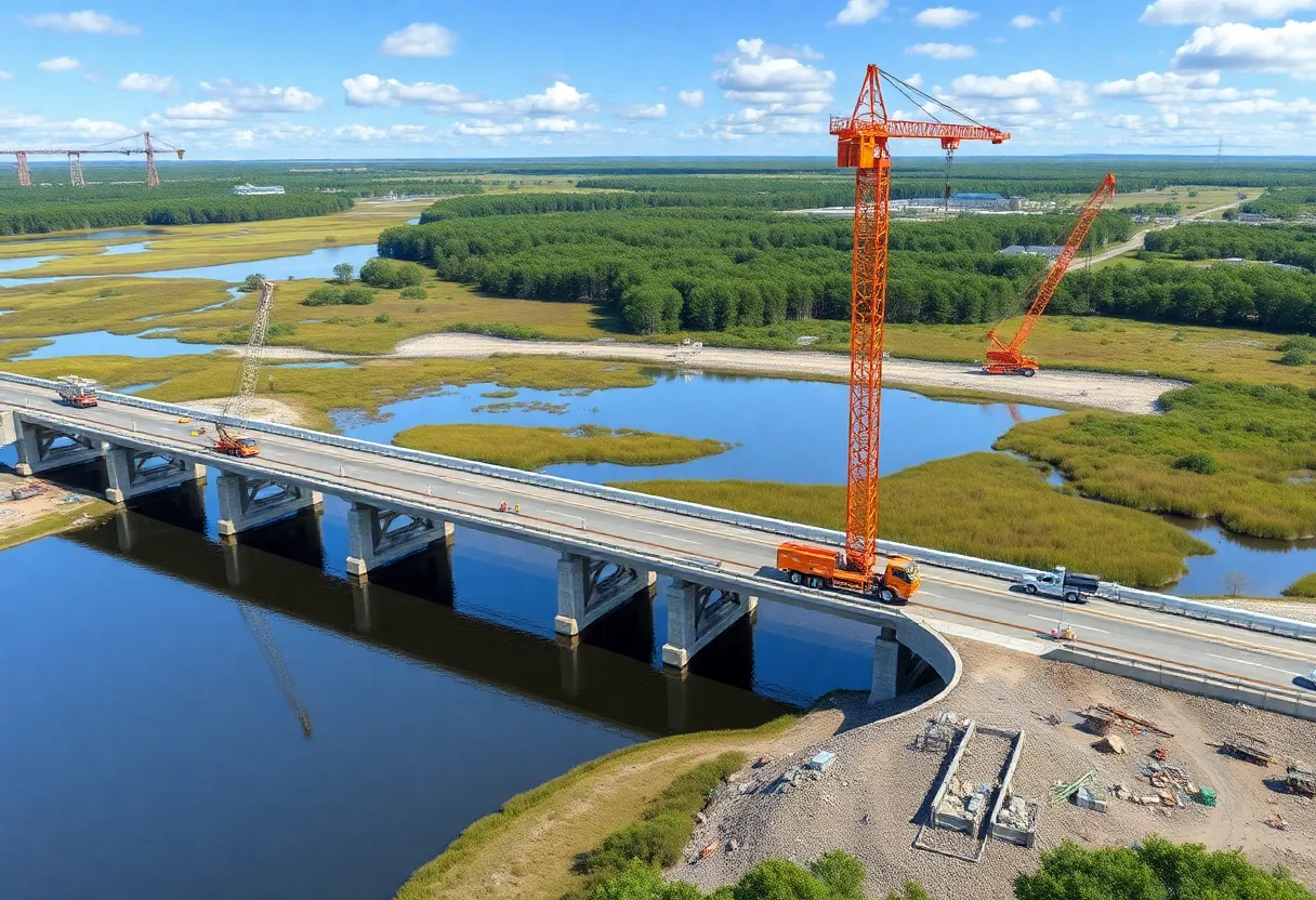 Construction scene of the new Alligator River Bridge over the Alligator River