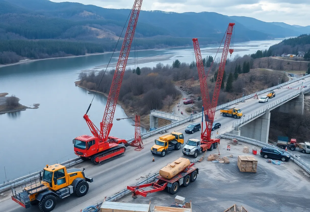 Construction site for the Alligator River Bridge replacement with heavy machinery.
