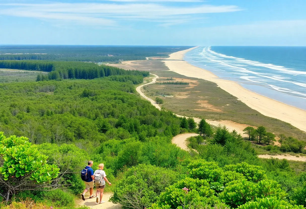 Hikers on Jockey's Trail in Kill Devil Hills surrounded by nature