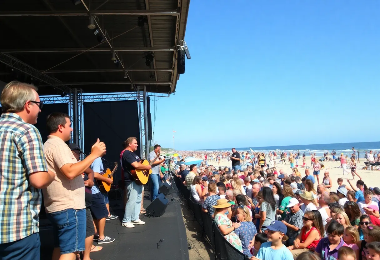A lively concert in the Outer Banks with diverse musicians and an enthusiastic audience.