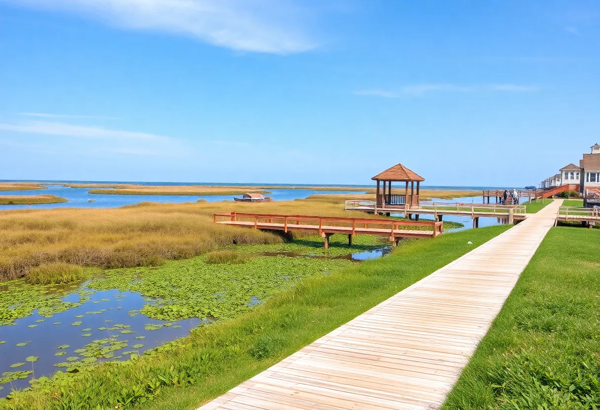 View of Nags Head living shoreline with coastal plants and boardwalks