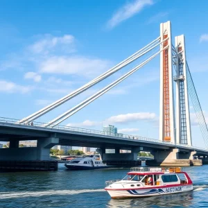 Rendering of new high-rise bridge over river during construction.