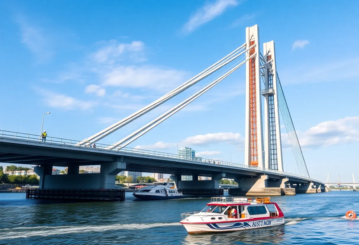 Rendering of new high-rise bridge over river during construction.