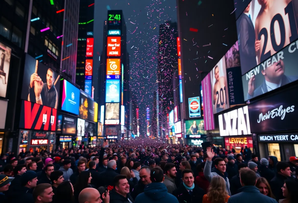 Crowd celebrating New Year’s Eve in Times Square with confetti and colorful lights