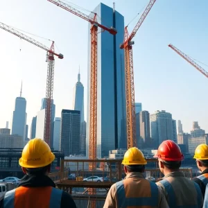 A busy construction site in New York with workers and cranes.
