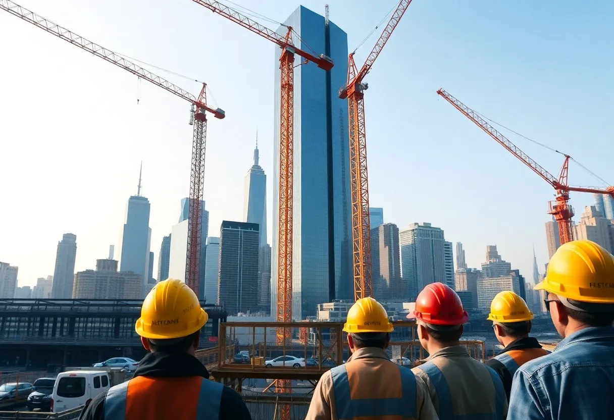A busy construction site in New York with workers and cranes.