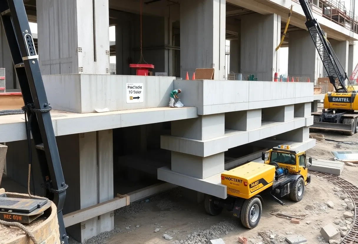 NSC workers installing precast concrete connections using advanced technology.