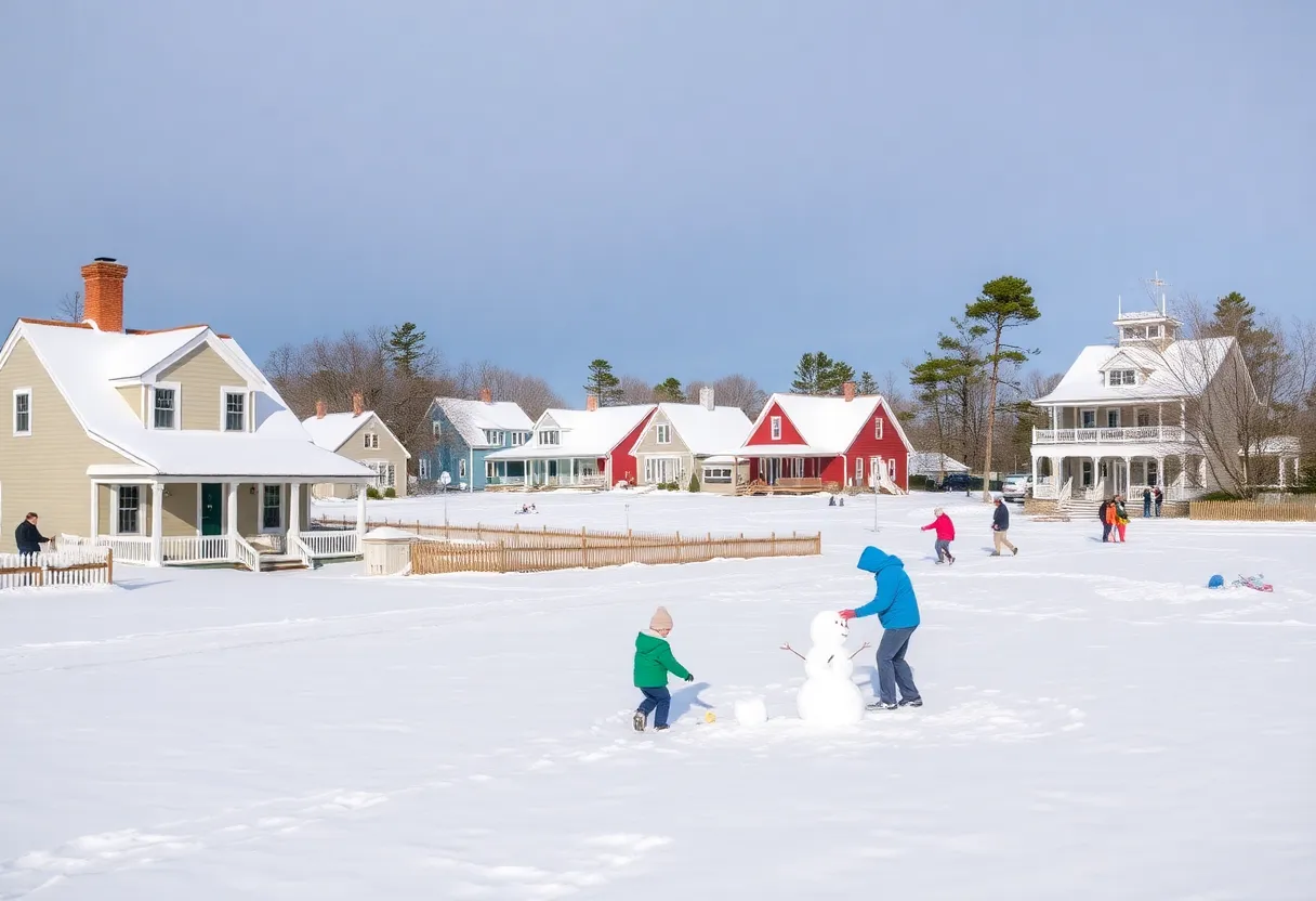 Ocracoke Island covered in snow with locals enjoying winter activities.