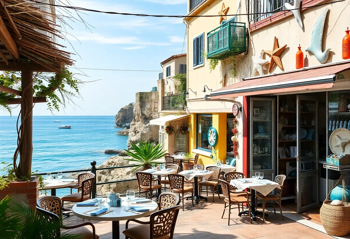 Dining area with ocean views and coastal shops in the Outer Banks