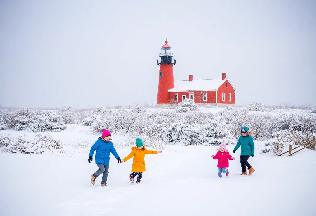 Snow-covered Bodie Island Lighthouse in the Outer Banks