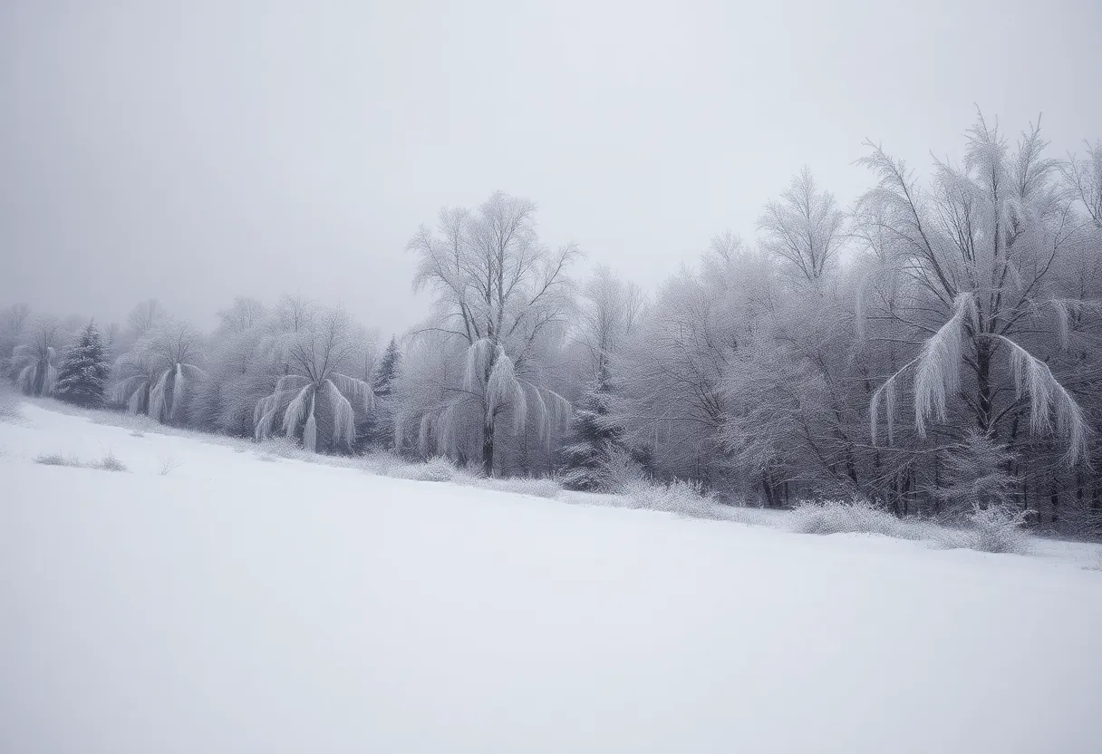 A snowy and icy landscape illustrating the effects of a polar vortex.