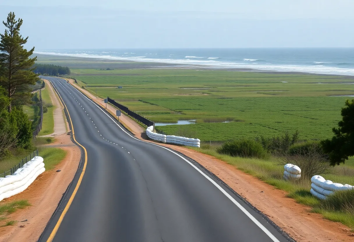 Installation of sandbags along N.C. 12 near Pea Island.