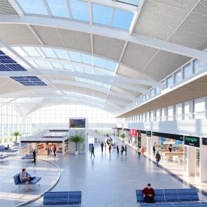 Architectural rendering of the Seattle-Tacoma International Airport renovation showing modern features and amenities.