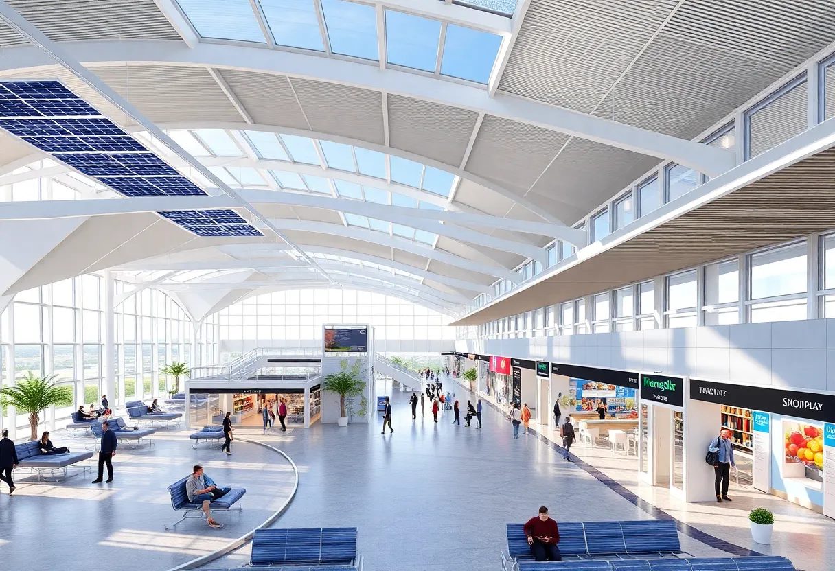Architectural rendering of the Seattle-Tacoma International Airport renovation showing modern features and amenities.