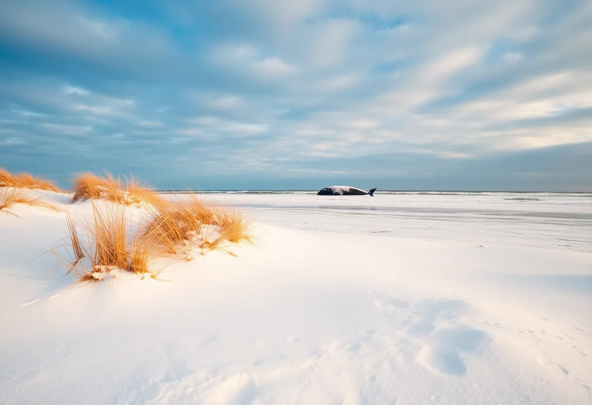 Snow-covered beach in Kitty Hawk with a beached whale