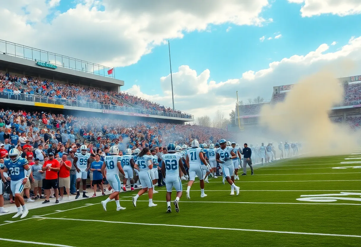 Excited fans and players on the football field during recruitment season.