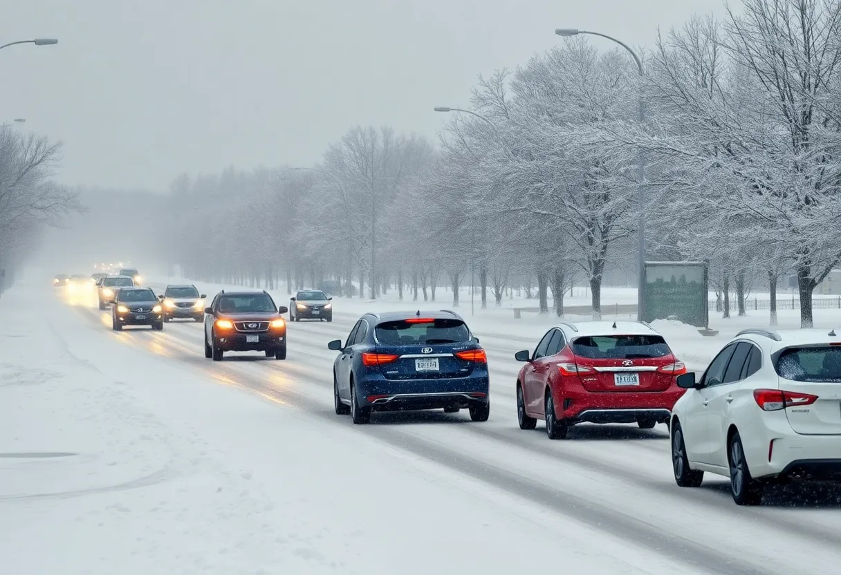 Scene of winter storm conditions with heavy snow and difficult driving.