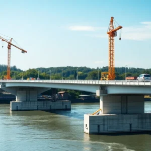 Construction site of the Alligator River Bridge with cranes and workers.