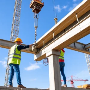Construction workers installing durable structural connections with eco-friendly materials.