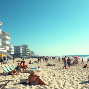 Tourists enjoying the beach in Kitty Hawk, NC with a focus on the worker housing shortage.