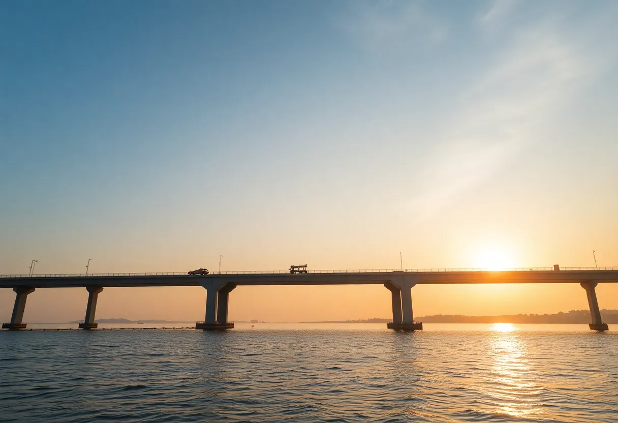 The new Lindsay C. Warren Bridge under construction over the water.