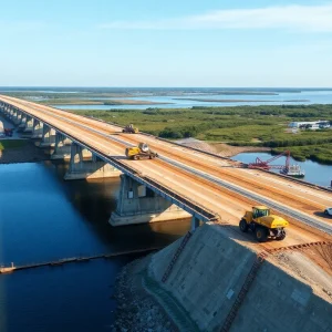 Construction site of the Outer Banks bridge being built over the Alligator River.