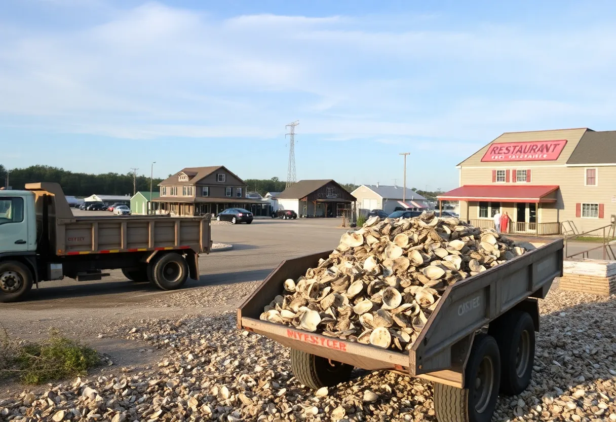 Dump trailer collecting oyster shells along the North Carolina coast