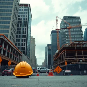 A construction site in downtown Atlanta with safety equipment visible.