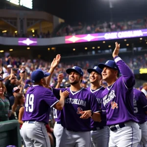 East Carolina baseball team celebrating their 12-0 victory.